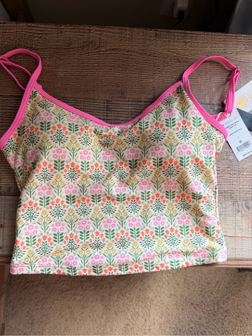 Janela Bay Women’s Floral Crop Swim Top with Pink Trim SMALL NWT